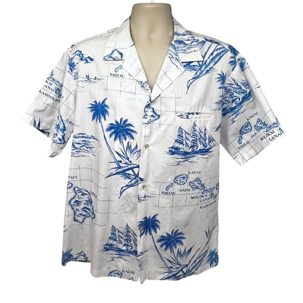 Kai Nani Vintage Hawaii Aloha White Blue Nautical Button Up Shirt XL Welt Pocket
